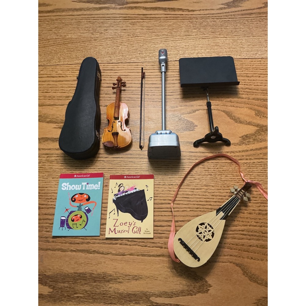American Girl Doll Felicity Mandolin Guitar Melody Microphone Stand Books violin